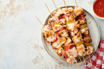 Chicken shish kebab or skewers kebab in a ceramic plate, spices, cilantro herbs and vegetables on white table background. Barbecue Raw ingredients for goulash or shish kebab. Top view. Free copy space