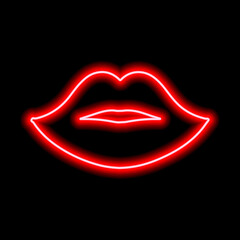 Red neon lips on a black background. The contour of the women's lips. Kiss