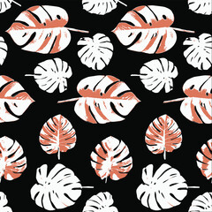 Monstera Deliciosa plant leaf from tropical forests isolated on black seamless pattern Modern exotic design for paper, cover, fabric, interior decor and other users.