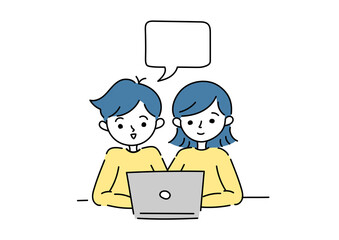 パソコンの前に座る男女