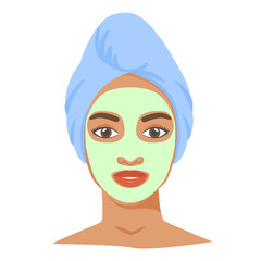 Young black woman with cosmetic mask and towel on head. Skincare procedures at home. Cosmetic clay or sheet mask. Vector