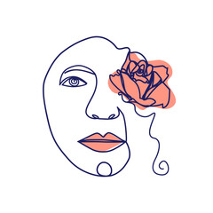 woman face with orchid flower. Continuous line drawing