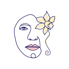 woman face with orchid flower. Continuous line drawing