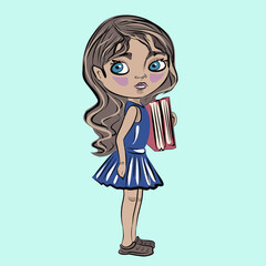Girl, girl with books. Student, schoolgirl. Reading, education, books. Isolated vector objects.