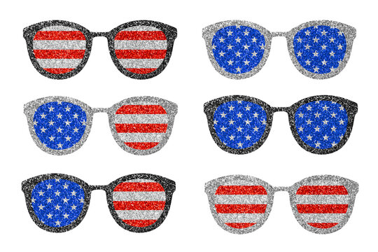 Glitter glasses in colors of American flag. Clip art patriotic kit isolated