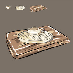 Ceramic kitchen utensils. Wooden cutting board. Nude tones. Cooking food. Sauce-bowl, jug and tray, plate. Isolated vector objects. Isolated vector objects.