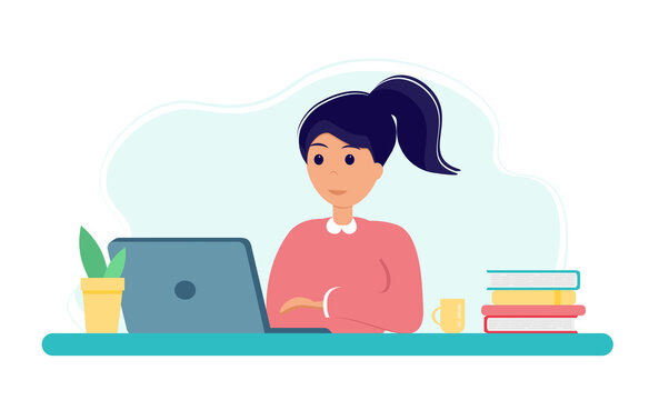 Online education during coronavirus outbreak concept. Girl studying with laptop and books. Stay at home. Self-isolation. Illustration in flat style