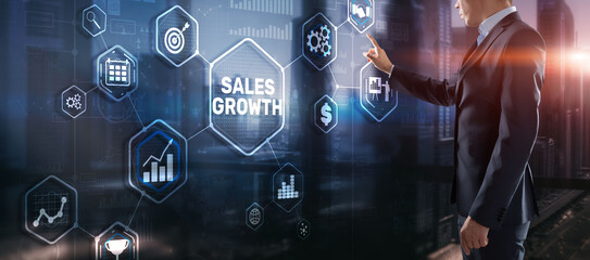 Fototapeta na wymiar Sales Growth Man clicks inscription on virtual 3D screen
