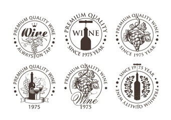 Set of black and white emblems, labels, badges, round-shaped stickers for a wine store or winery. Vector wine logos with hand-drawn bunches of grapes and bottles with corkscrews in retro style