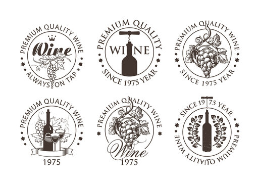 Set of black and white emblems, labels, badges, round-shaped stickers for a wine store or winery. Vector wine logos with hand-drawn bunches of grapes and bottles with corkscrews in retro style