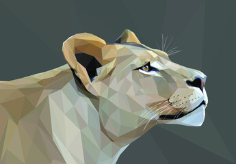Geometrical, low poly,  illustration of a lioness head from the side. - obrazy, fototapety, plakaty