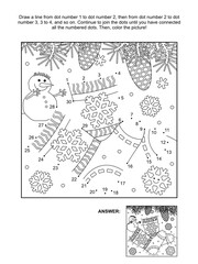 Winter connect the dots picture puzzle and coloring page with knitted socks. Answer included.
