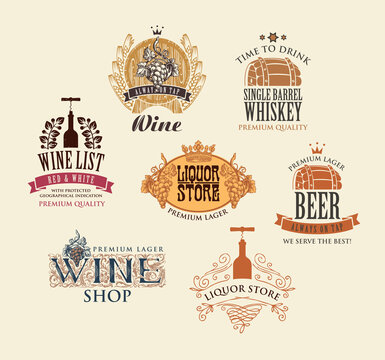 Set of logos, emblems, labels, badges, stickers for various alcoholic beverages. Vector icons for wine, whiskey, beer in retro style with drawings and inscriptions on an old beige background