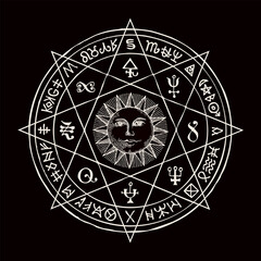 Hand-drawn illustration with the Sun inside octagonal star and esoteric symbols on a black background. Vector banner, mascot or amulet in the form of a circle with magic signs and runes in retro style