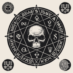 Hand-drawn illustration with a sinister human skull inside an octagonal star and esoteric symbols in retro style. Vector banner or talisman in the form of circle with witchcraft signs and magic runes