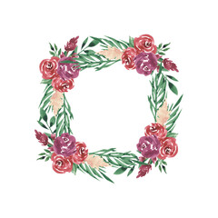 Burgundy flower watercolor frame on white background