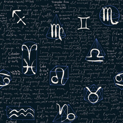 Fototapeta na wymiar Abstract seamless pattern with zodiac signs, handwritten text Lorem ipsum and hand-drawn geometrical figures on a black backdrop. Vector background in the style of chalk drawings on a blackboard