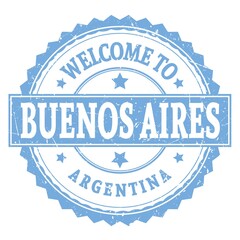 WELCOME TO BUENOS AIRES - ARGENTINA, words written on blue stamp