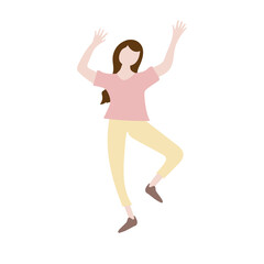 woman happy cartoon. girl with long brown hair put her hand up dancing isolated on white background