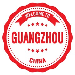 WELCOME TO GUANGZHOU - CHINA, words written on red stamp
