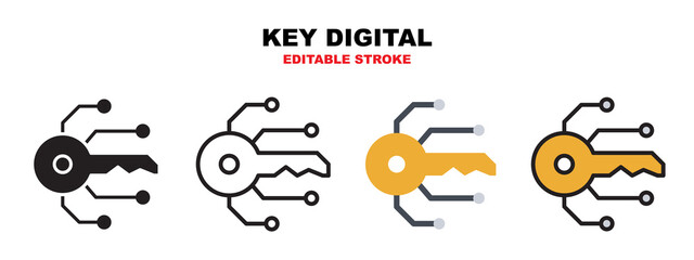 Key Digital set with different styles. Icons designed in filled, outline, flat, glyph and line colored. Editable stroke and pixel perfect. Can be used for web, mobile, ui and more.