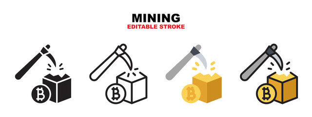 Mining icon set with different styles. Icons designed in filled, outline, flat, glyph and line colored. Editable stroke and pixel perfect. Can be used for web, mobile, ui and more.