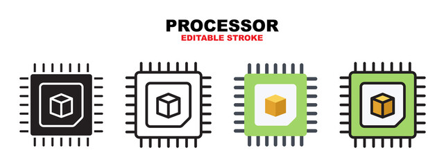 Processor icon set with different styles. Icons designed in filled, outline, flat, glyph and line colored. Editable stroke and pixel perfect. Can be used for web, mobile, ui and more.