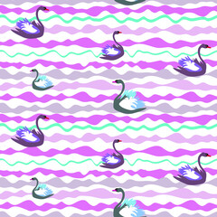 Swans on the waves. Seamless textile pattern. Vector graphic.