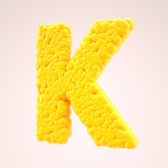 Corn bubbles yellow letter K. Alphabet symbol on nude color background. 3d rendering