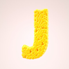 Corn bubbles yellow letter J. Alphabet symbol on nude color background. 3d rendering