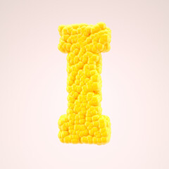 Corn bubbles yellow letter I. Alphabet symbol on nude color background. 3d rendering