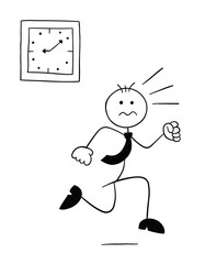Stickman businessman character running late and running, vector cartoon illustration