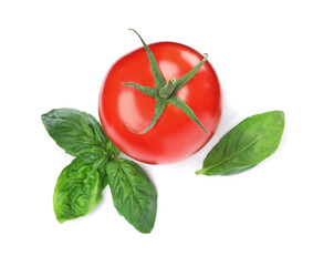 Fresh green basil leaves and tomato on white background, top view
