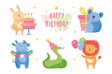 Happy birthday clip art, set. Cute animals celebrating together. Rabbit, koala, rhino, snake, lion. Holiday decoration, present, cake. Vector illustration for children. Isolated on white background.