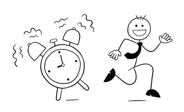Alarm goes off and stickman businessman character running, vector cartoon illustration