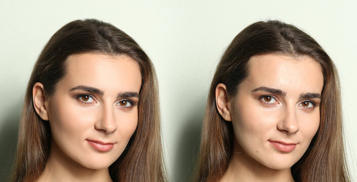 Photo before and after retouch, collage. Portrait of beautiful young woman on light background, banner design