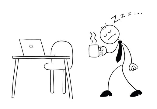 Stickman businessman character very sleepy, walking to his desk with coffee, vector cartoon illustration