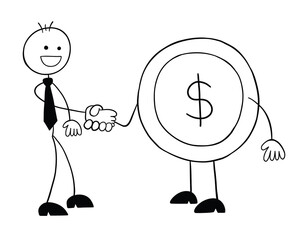 Stickman businessman character shaking hands with dollar coin, vector cartoon illustration