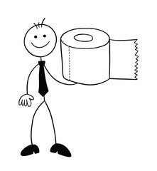 Stickman businessman character with toilet paper, vector cartoon illustration
