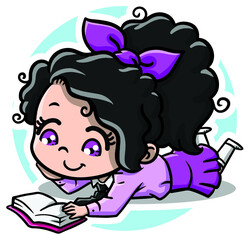 Obraz premium Chibi with Pink Shirt and Skirt Reading Red Book