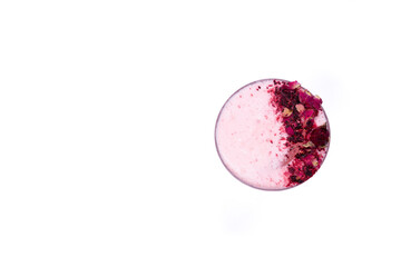 top view of clover club cocktail drink with rose petal on white background