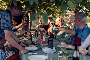 group of real senior people toasting sitting at table outdoors in the backyard - old friends having...