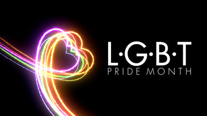 Colorful heart LGBT Pride Month symbol abstract  line blazing neon glowing on black background 