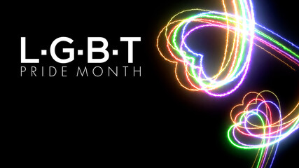 Colorful heart LGBT Pride Month symbol abstract  line blazing neon glowing on black background 