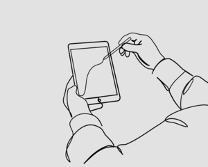 Continuous line, Over head shot of a graphic designer with stylus pen writing on tablet. Drawing of set Art. (Vector illustration one line drawing)