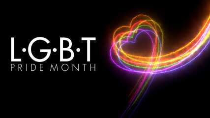 Colorful heart LGBT Pride Month symbol abstract  line blazing neon glowing on black background 