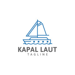 Ship line logo, sailing boat, ocean waves, ship vector design template