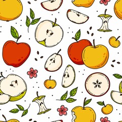 Seamless pattern with apples in cute doodle style. Illustration on white background. Background with fruits.