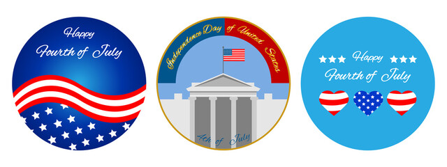 Fourth of July.Happy Independence Day of United States.4th of July.Vector background,poster,banner,gift card.Lettering with a flag.Set of badges.