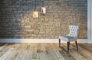 bright empty interior design, stone wall. 3D illustration